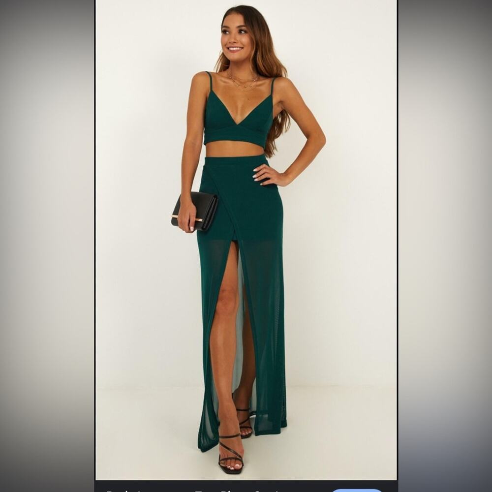 Showpo Delights Emerald Green Sheer Maxi skirt with high slit sz 2